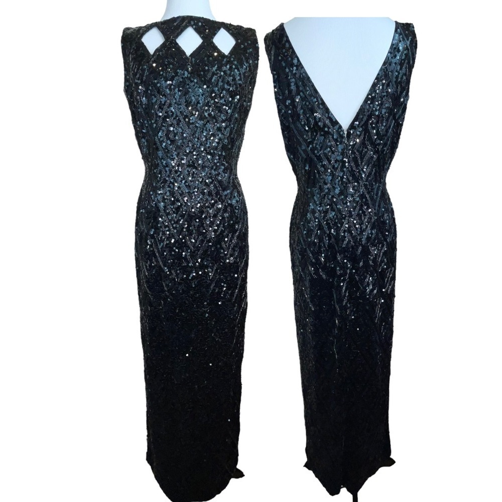 Black Sequins Beaded Long Gown Sleeveless Diamond Cut Out Boat Neck